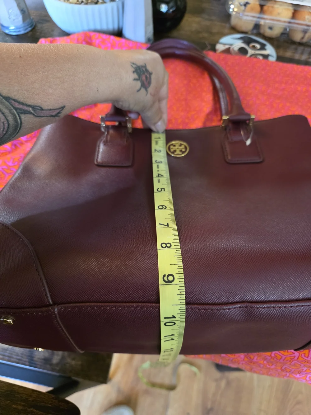 Tory Burch Plum Leather Double-Handle Tote with Gold Logo